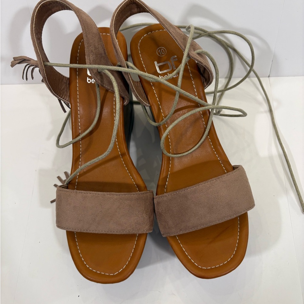 Beige / Dusty Rose Lace-Up Wedge Sandals
